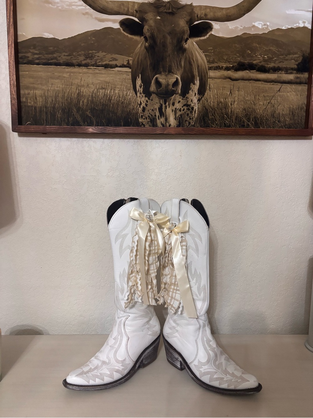 Pair White Western Decorative Boot accessories with Ivory Ribbon Accent -
